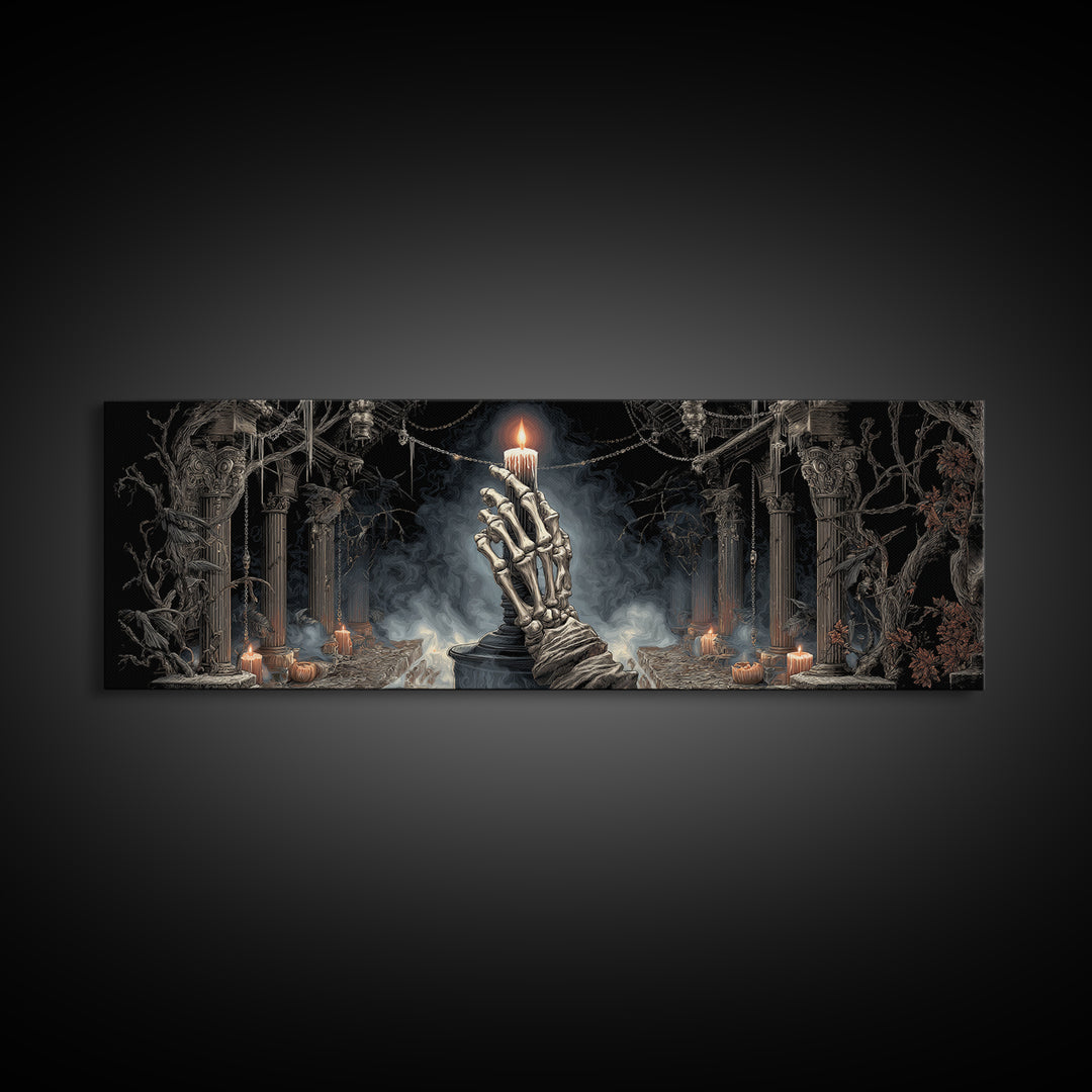 The Skeletal Hand Candleholder, Extra Wide Wall Art, Macabre Wall Art, Framed Canvas Print, Halloween Wall Decor, Gothic Home Decor