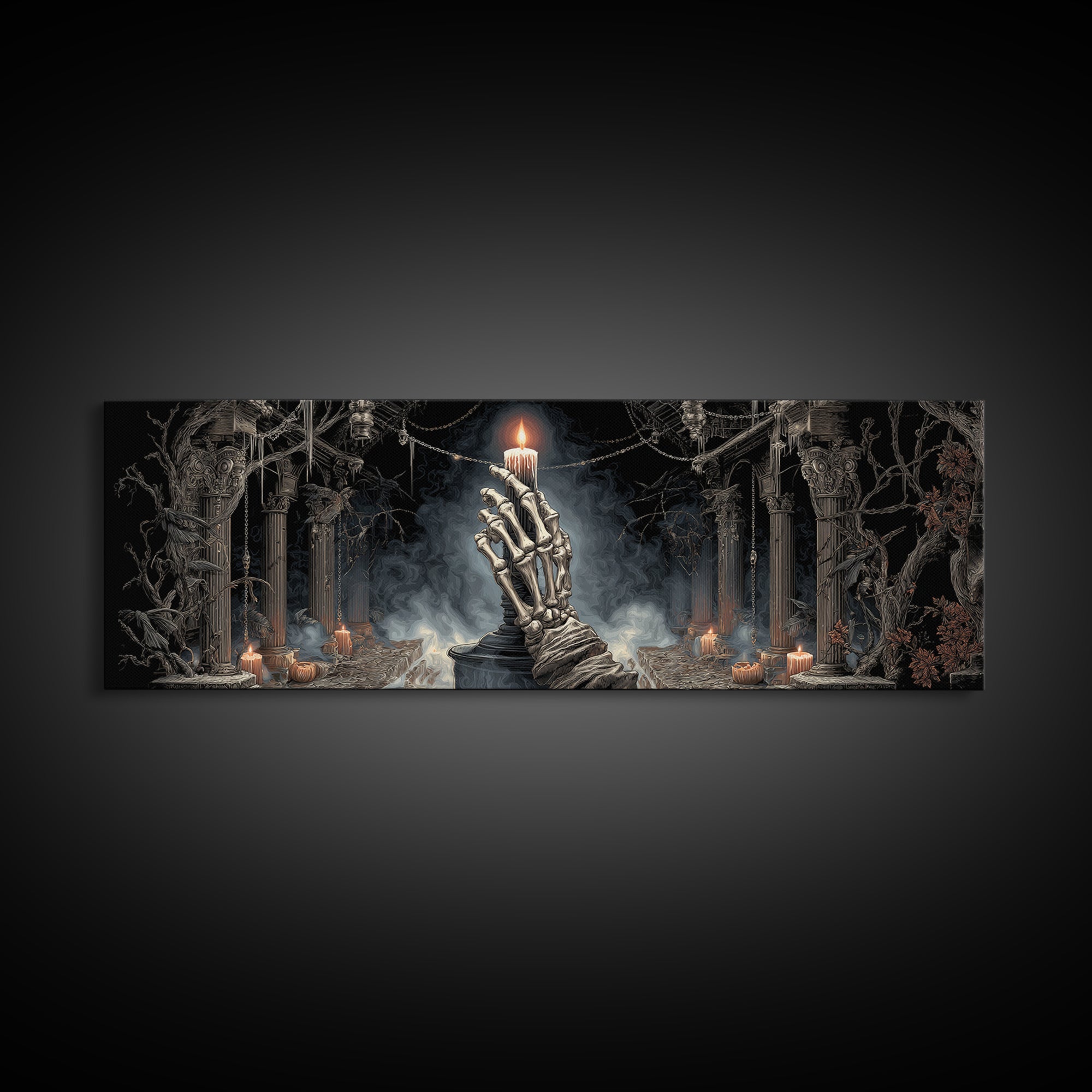 The Skeletal Hand Candleholder, Extra Wide Wall Art, Macabre Wall Art, Framed Canvas Print, Halloween Wall Decor, Gothic Home Decor