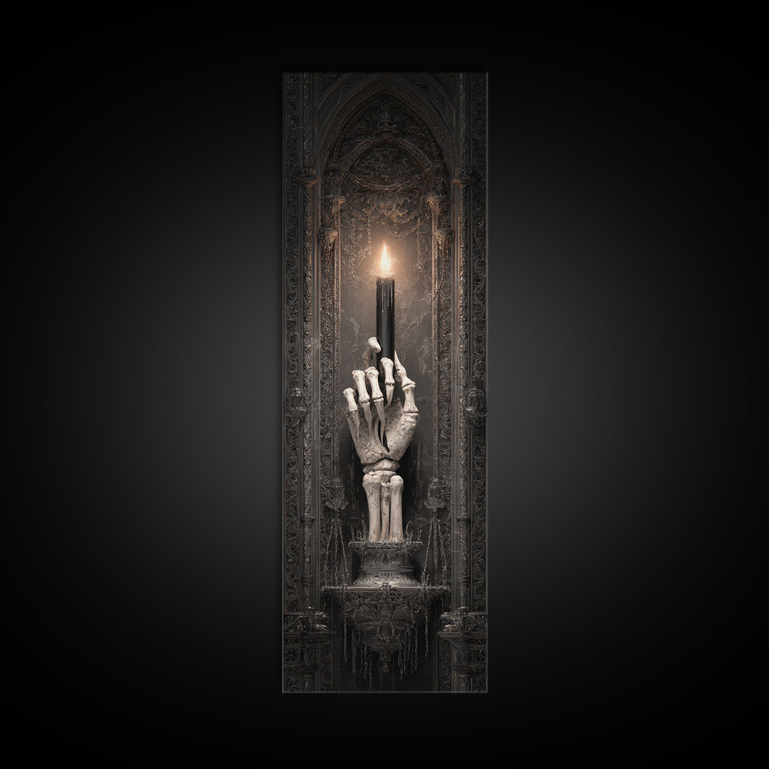 The Skeletal Hand Candleholder, Tall Narrow Wall Art, Macabre Wall Art, Framed Canvas Print, Halloween Wall Decor, Gothic Home Decor