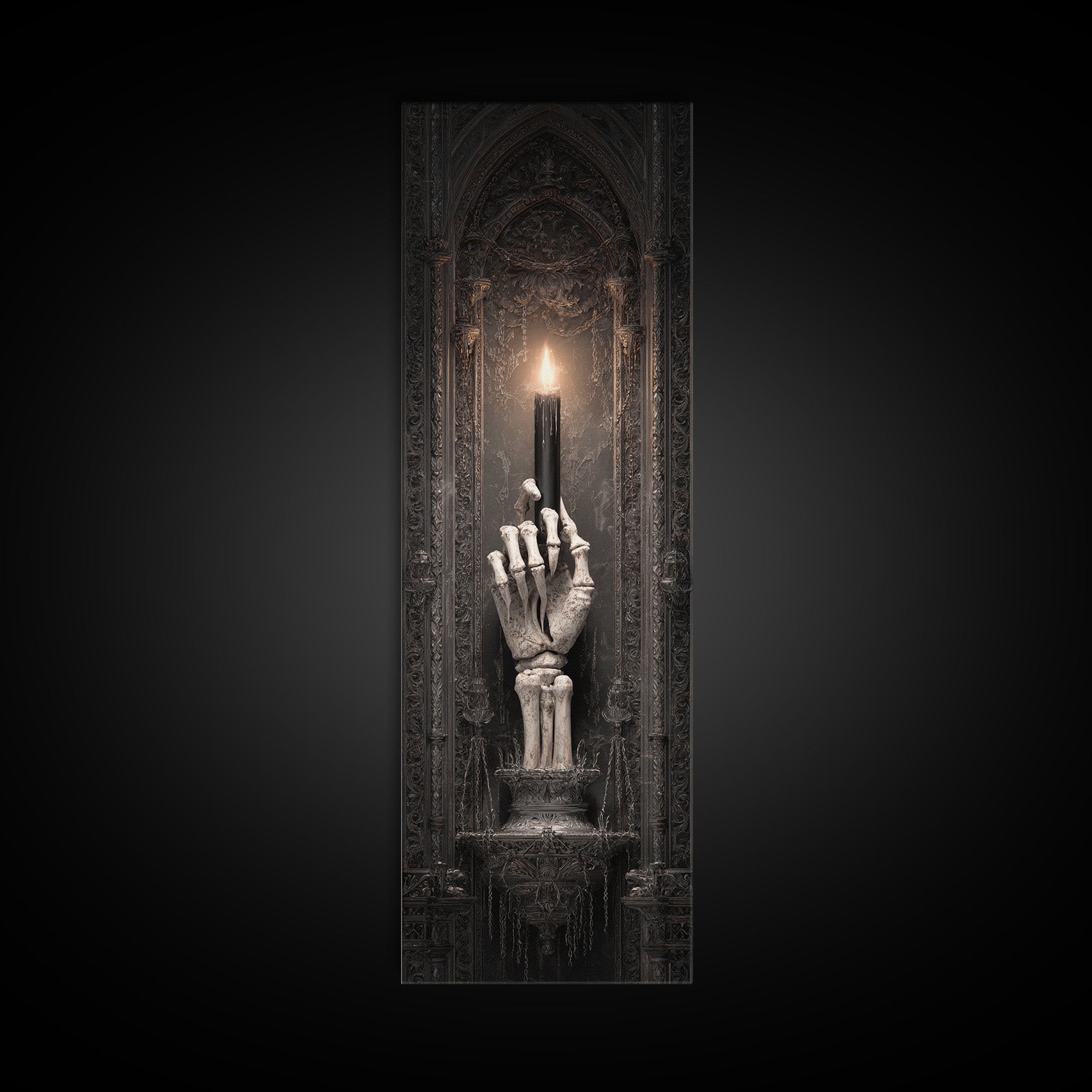 The Skeletal Hand Candleholder, Tall Narrow Wall Art, Macabre Wall Art, Framed Canvas Print, Halloween Wall Decor, Gothic Home Decor