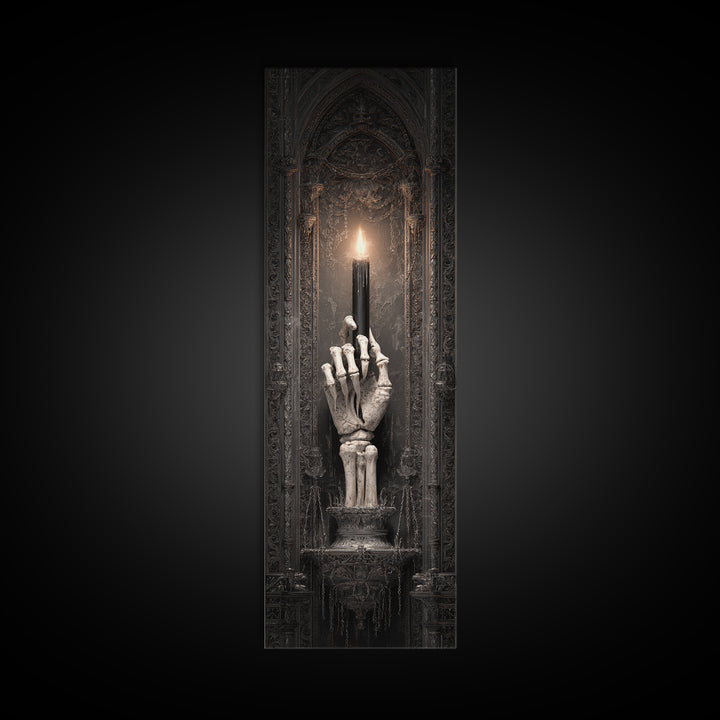 The Skeletal Hand Candleholder, Tall Narrow Wall Art, Macabre Wall Art, Framed Canvas Print, Halloween Wall Decor, Gothic Home Decor