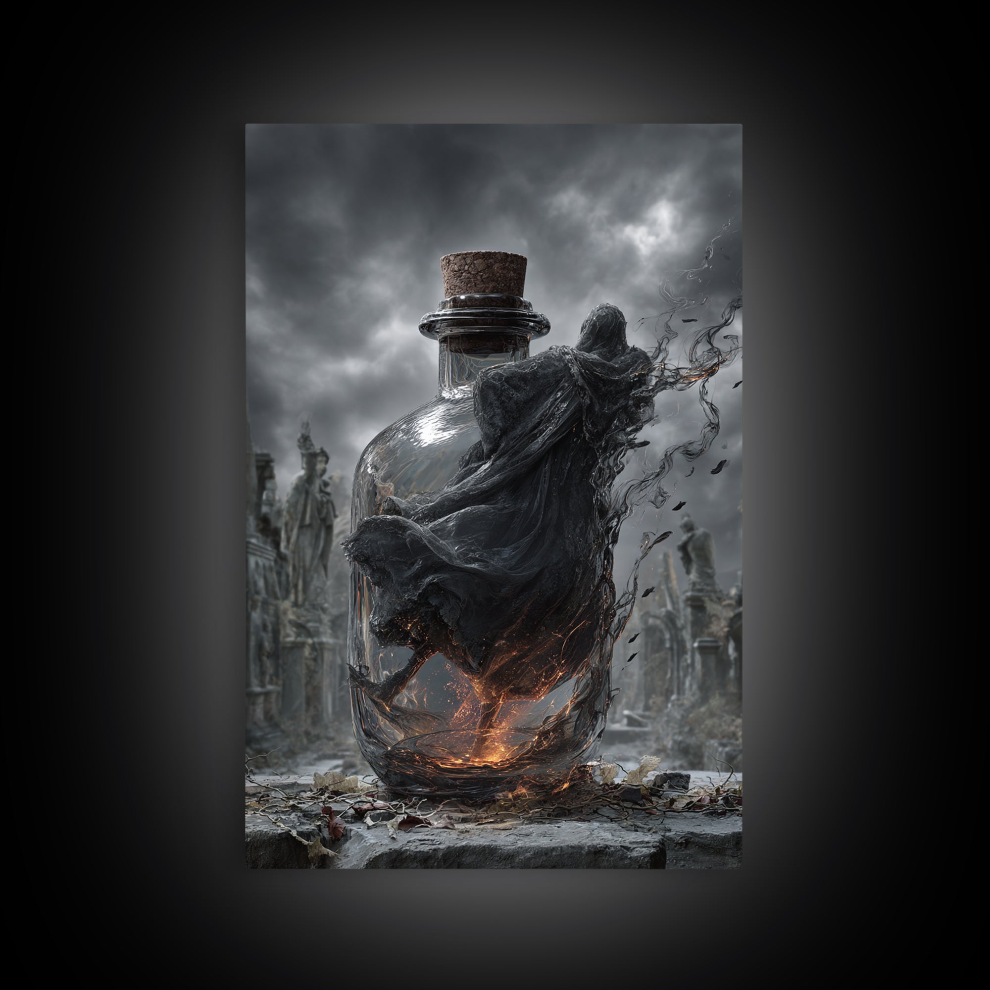 The Bottled Ghost, Vertical Wall Art, Gothic Horror Wall Art, Framed Canvas Print, Halloween Wall Decor, Gothic Home Decor