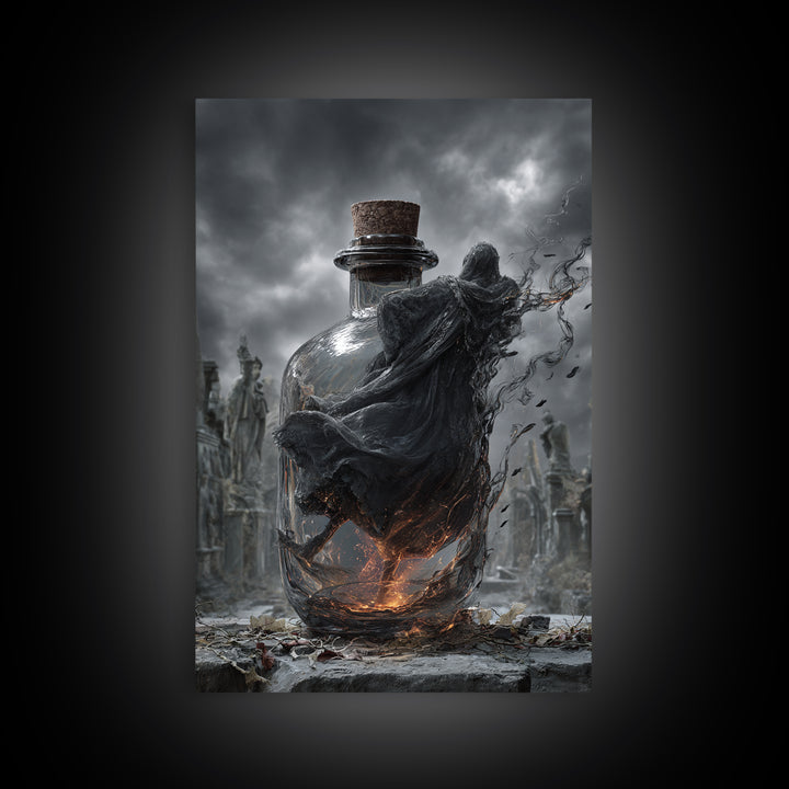 The Bottled Ghost, Vertical Wall Art, Gothic Horror Wall Art, Framed Canvas Print, Halloween Wall Decor, Gothic Home Decor