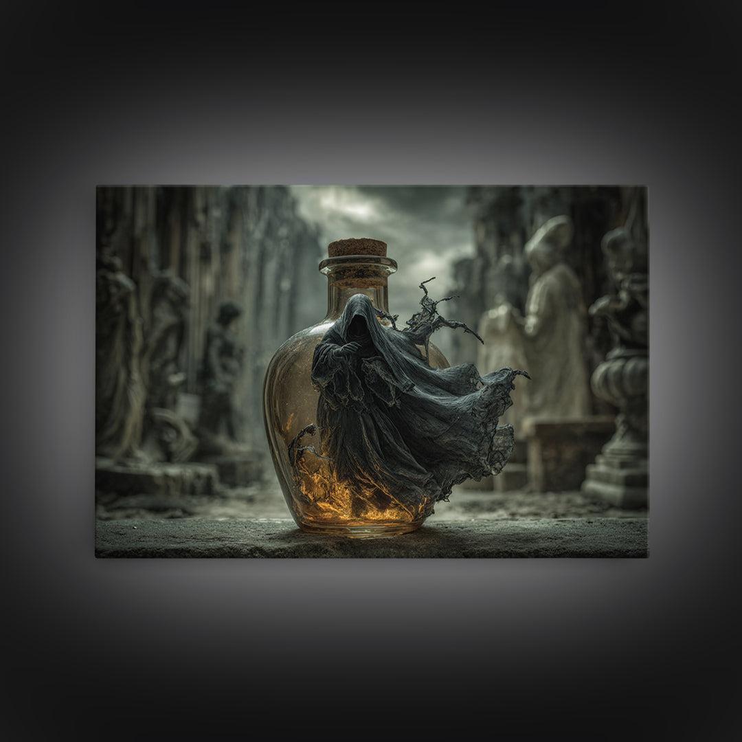 The Bottled Ghost, Landscape Wall Art, Macabre Wall Art, Framed Canvas Print, Halloween Wall Decor, Gothic Home Decor