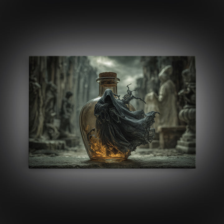 The Bottled Ghost, Landscape Wall Art, Macabre Wall Art, Framed Canvas Print, Halloween Wall Decor, Gothic Home Decor
