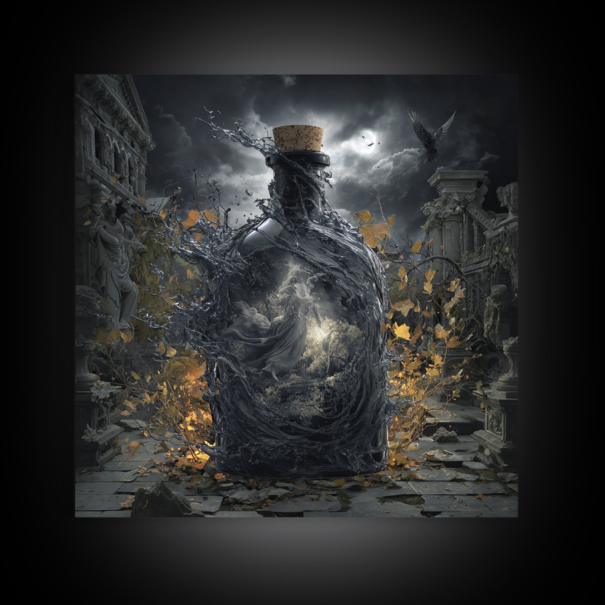 The Bottled Ghost, Square Wall Art, Gothic Horror Wall Art, Framed Canvas Print, Halloween Wall Decor, Gothic Home Decor, Macabre Wall Art