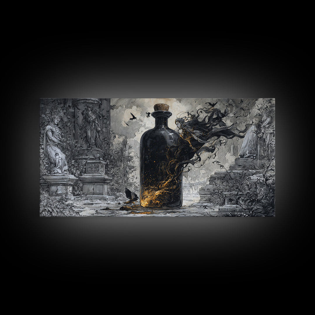 The Bottled Ghost, Wide Panoramic Art, Dark Fantasy Wall Art, Canvas Print, Halloween Wall Decor, Gothic Home Decor, Seasonal Home Decor