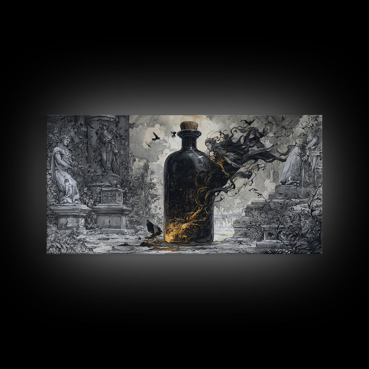 The Bottled Ghost, Wide Panoramic Art, Dark Fantasy Wall Art, Canvas Print, Halloween Wall Decor, Gothic Home Decor, Seasonal Home Decor