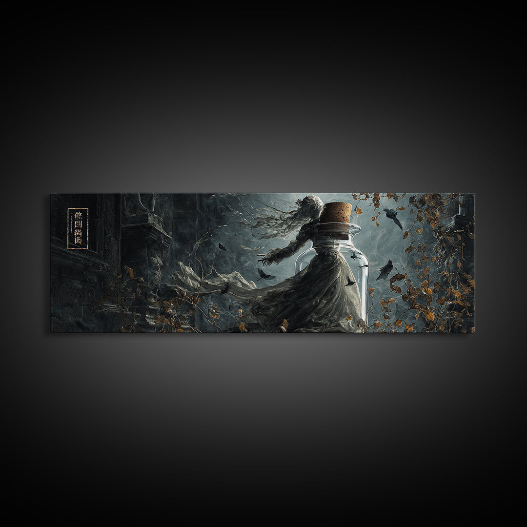 The Bottled Ghost, Extra Wide Wall Art, Haunted Gothic Art, Framed Canvas Print, Halloween Wall Decor, Gothic Home Decor, Statement Wall Art