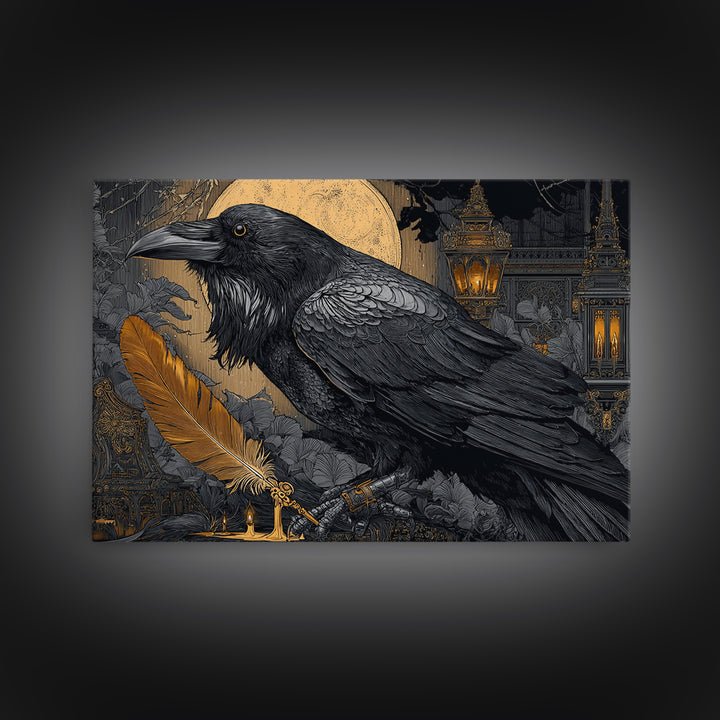 The Raven-Feather Quill, Landscape Wall Art, Macabre Wall Art, Framed Canvas Print, Halloween Wall Decor, Gothic Home Decor