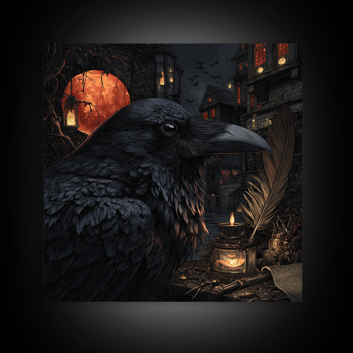 The Raven-Feather Quill, Square Wall Art, Gothic Horror Wall Art, Framed Canvas Print, Halloween Wall Decor, Gothic Home Decor