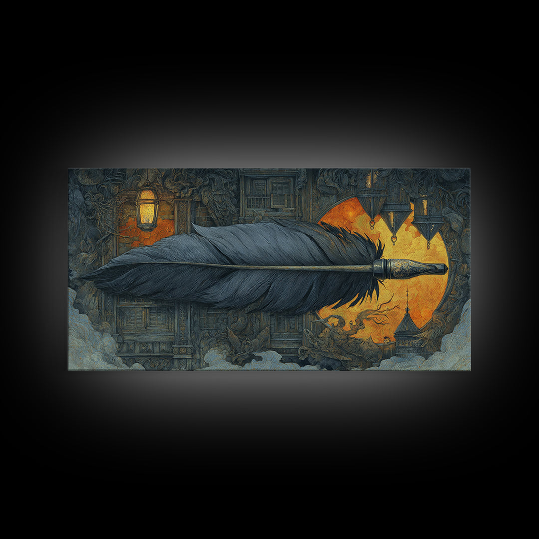 The Raven-Feather Quill, Wide Panoramic Art, Gothic Horror Wall Art, Framed Canvas Print, Halloween Wall Decor, Gothic Home Decor