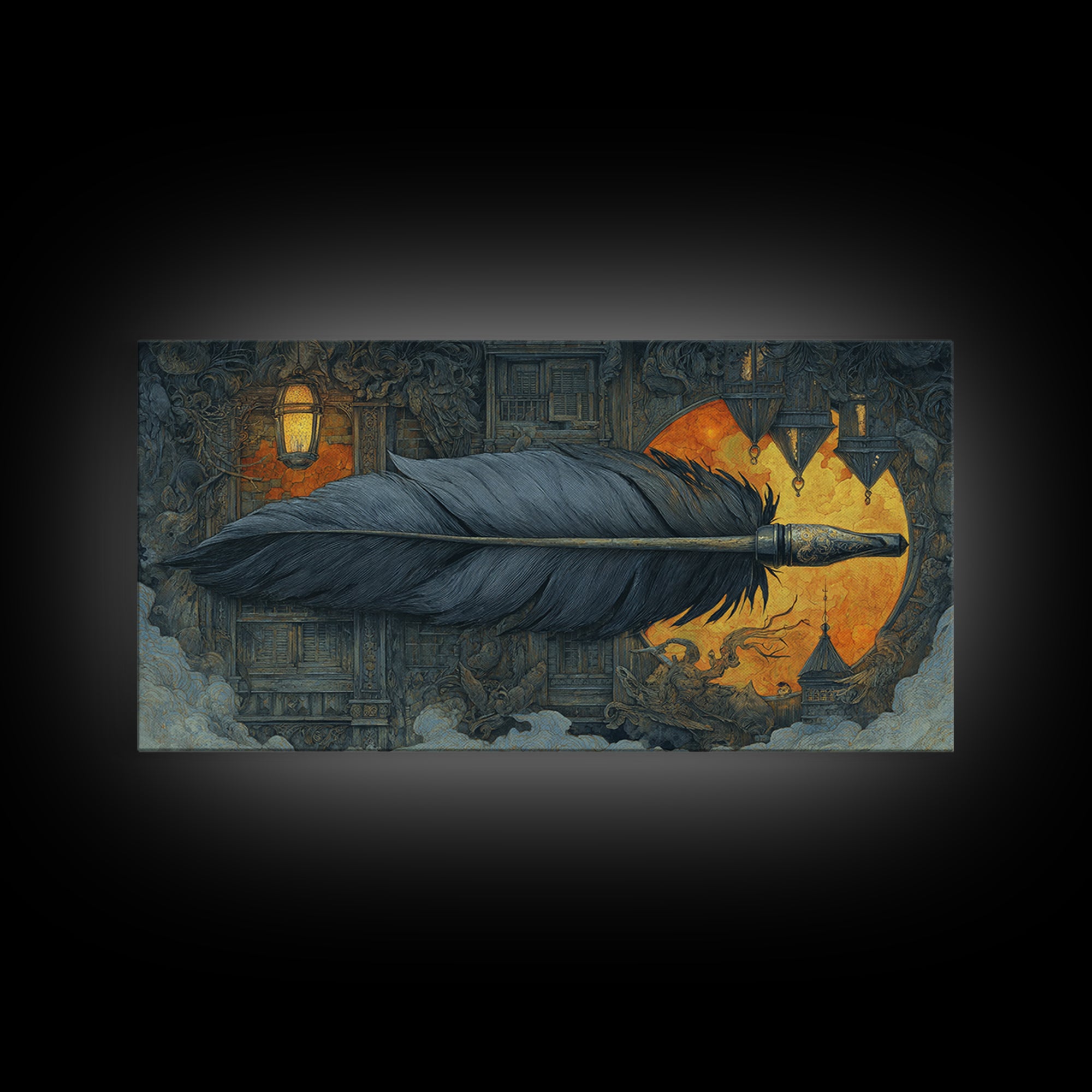 The Raven-Feather Quill, Wide Panoramic Art, Gothic Horror Wall Art, Framed Canvas Print, Halloween Wall Decor, Gothic Home Decor