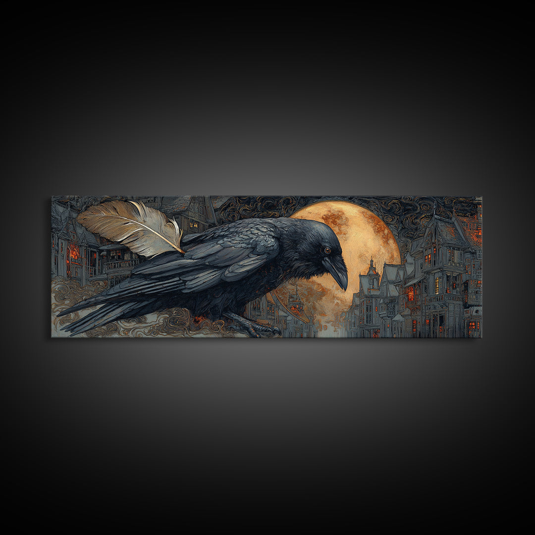 The Raven-Feather Quill, Extra Wide Wall Art, Dark Halloween Decor, Canvas Print, Halloween Wall Decor, Gothic Home Decor