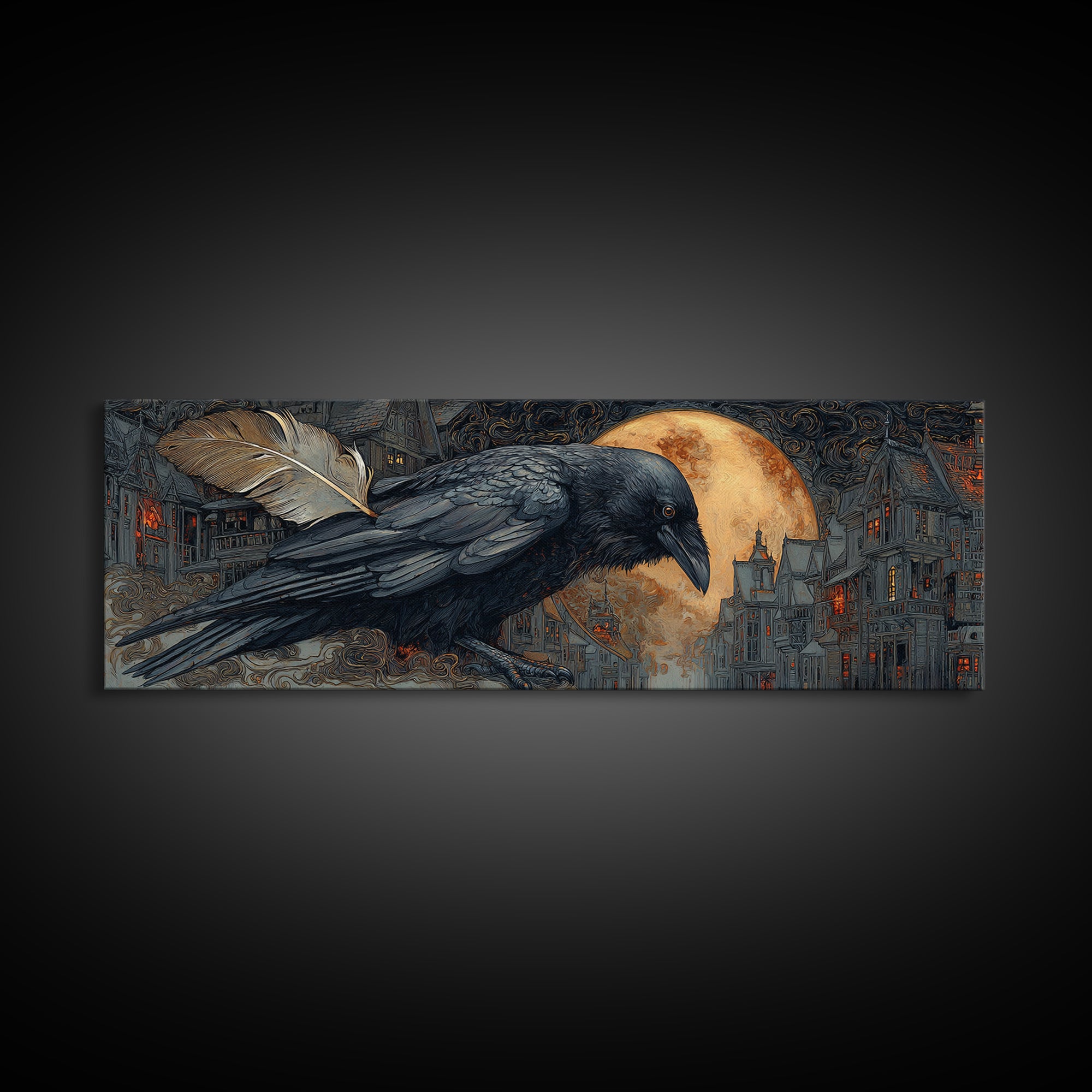 The Raven-Feather Quill, Extra Wide Wall Art, Dark Halloween Decor, Canvas Print, Halloween Wall Decor, Gothic Home Decor
