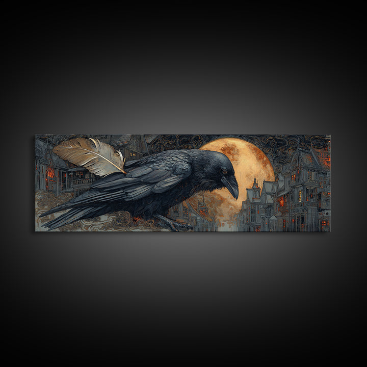 The Raven-Feather Quill, Extra Wide Wall Art, Dark Halloween Decor, Canvas Print, Halloween Wall Decor, Gothic Home Decor
