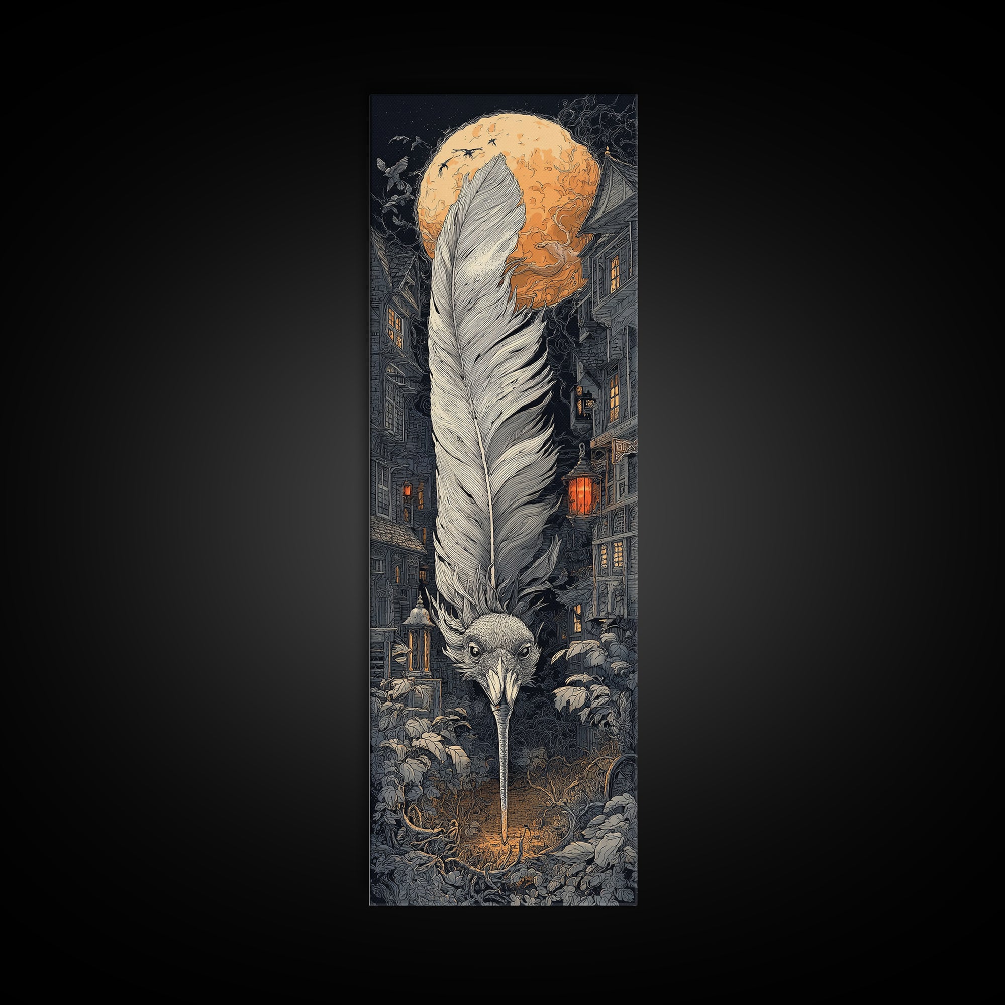 The Raven-Feather Quill, Tall Narrow Wall Art, Macabre Wall Art, Framed Canvas Print, Halloween Wall Decor, Gothic Home Decor