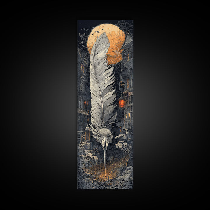 The Raven-Feather Quill, Tall Narrow Wall Art, Macabre Wall Art, Framed Canvas Print, Halloween Wall Decor, Gothic Home Decor