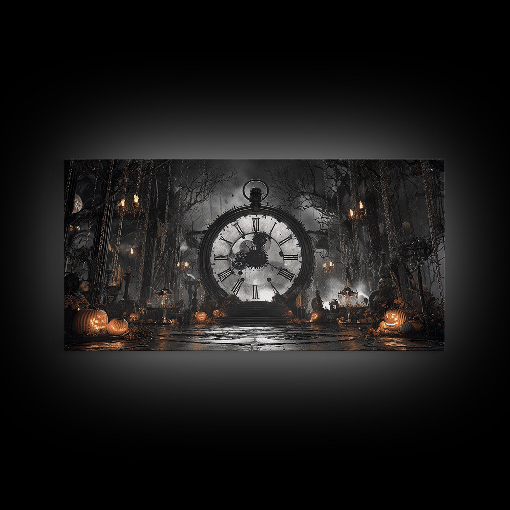 The Cursed Pocket Watch, Wide Panoramic Art, Spooky Home Decor, Canvas Print, Halloween Wall Decor, Gothic Home Decor