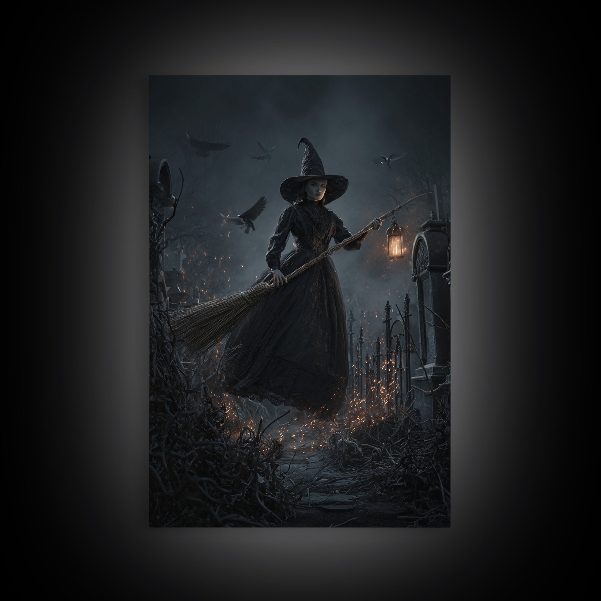 The Witch'S Broom, Vertical Wall Art, Haunted Gothic Art, Framed Canvas Print, Halloween Wall Decor, Gothic Home Decor, Spooky Wall Decor
