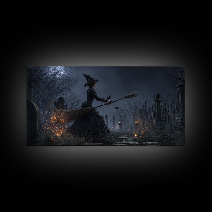 The Witch'S Broom, Wide Panoramic Art, Gothic Horror Wall Art, Framed Canvas Print, Halloween Wall Decor, Gothic Home Decor, Halloween Decor