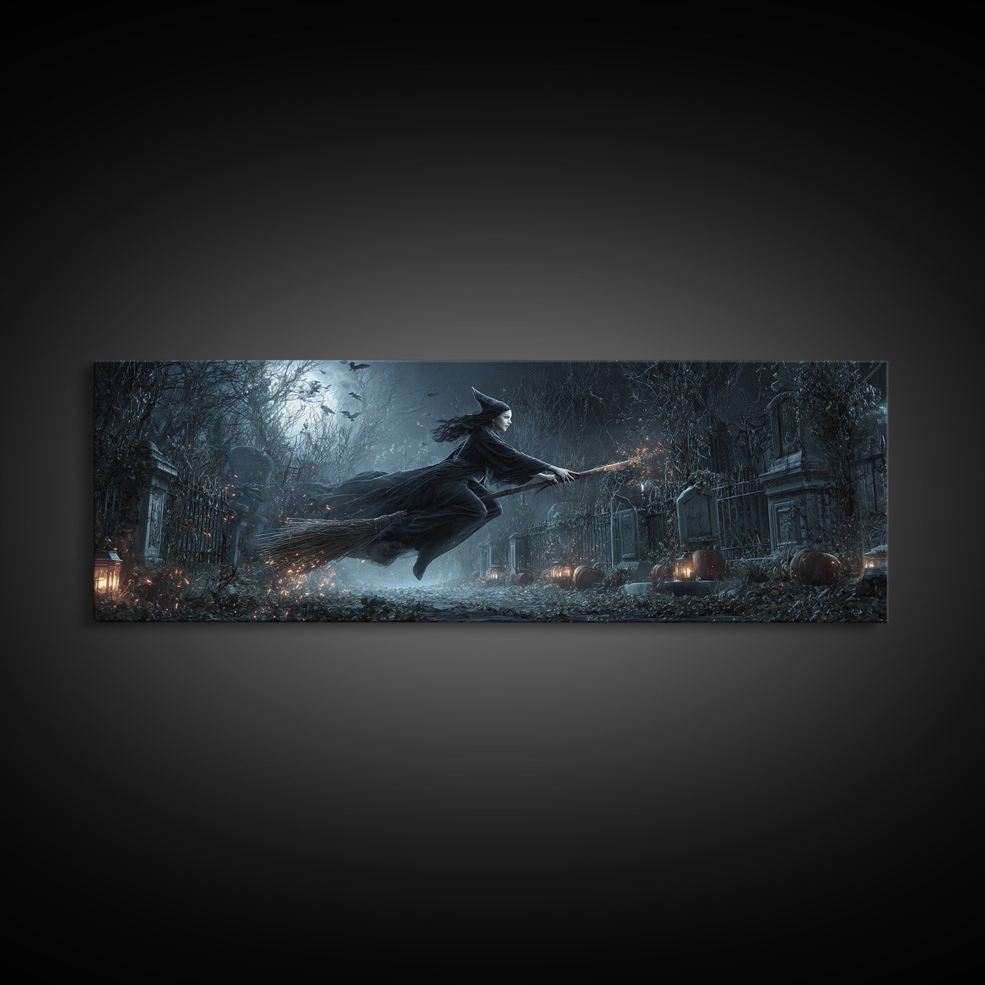 The Witch'S Broom, Extra Wide Wall Art, Dark Halloween Decor, Canvas Print, Halloween Wall Decor, Gothic Home Decor, Halloween Wall Art
