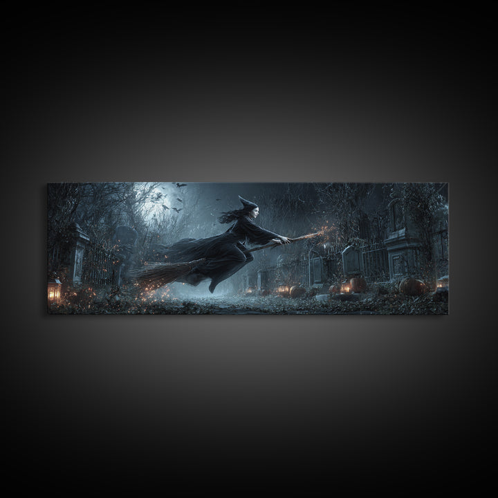 The Witch'S Broom, Extra Wide Wall Art, Dark Halloween Decor, Canvas Print, Halloween Wall Decor, Gothic Home Decor, Halloween Wall Art