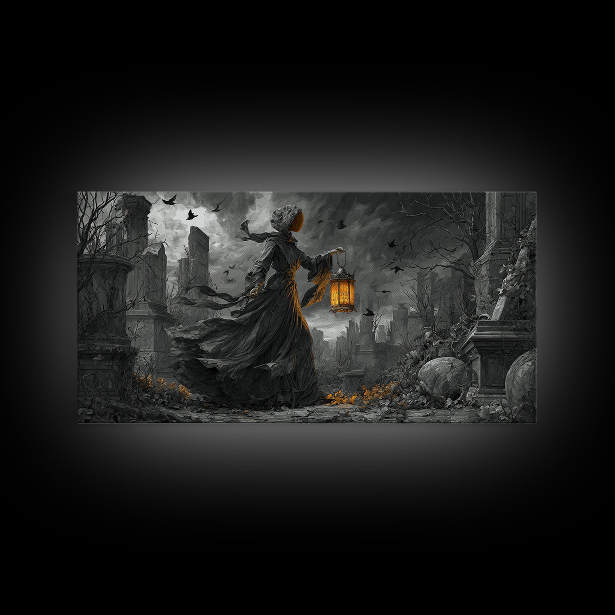 The Bone-Handled Lantern, Wide Panoramic Art, Spooky Home Decor, Canvas Print, Halloween Wall Decor, Gothic Home Decor, Dark Fantasy Art