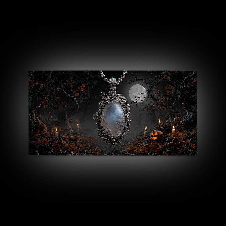 The Moonstone Amulet, Wide Panoramic Art, Dark Halloween Decor, Canvas Print, Halloween Wall Decor, Gothic Home Decor, Horror Wall Art