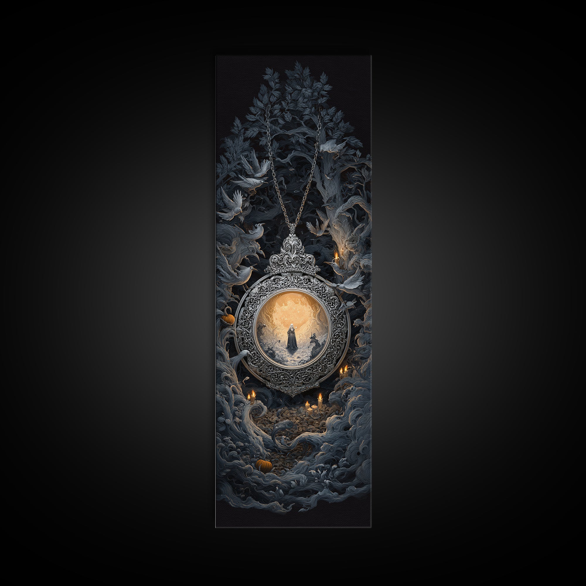 The Moonstone Amulet, Tall Narrow Wall Art, Macabre Wall Art, Framed Canvas Print, Halloween Wall Decor, Gothic Home Decor, Halloween Decor