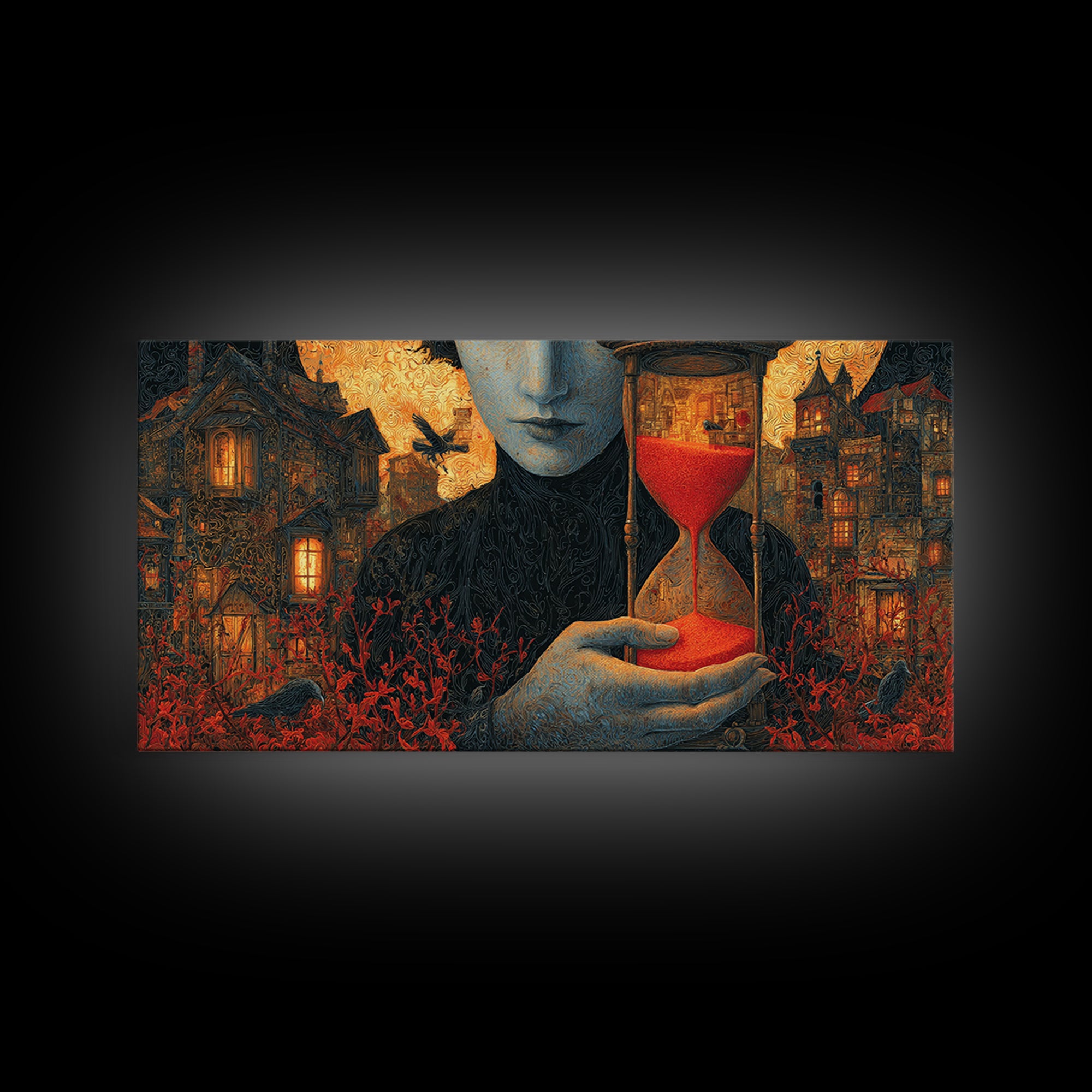 The Crimson Hourglass, Wide Panoramic Art, Macabre Wall Art, Framed Canvas Print, Halloween Wall Decor, Gothic Home Decor, Halloween Decor