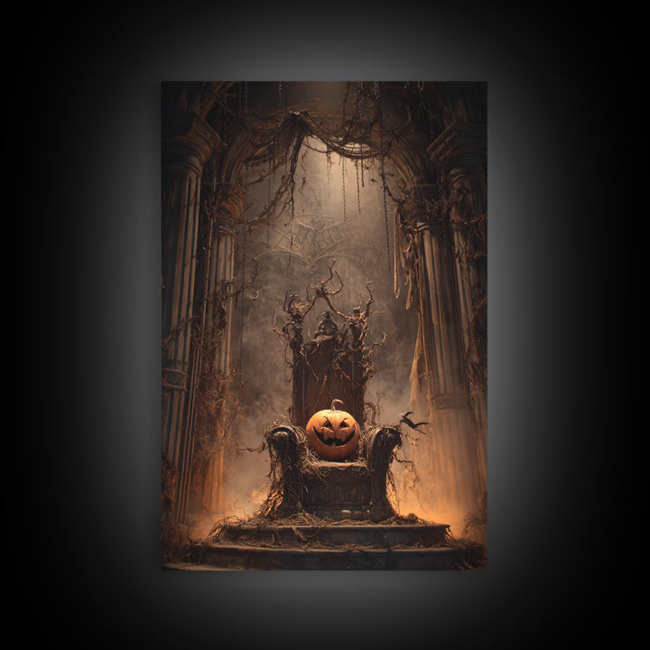 The Jack-O'-Lantern Throne, Vertical Wall Art, Gothic Horror Wall Art, Framed Canvas Print, Halloween Wall Decor, Gothic Home Decor