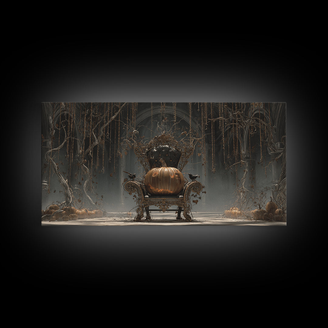 The Jack-O'-Lantern Throne, Wide Panoramic Art, Macabre Wall Art, Framed Canvas Print, Halloween Wall Decor, Gothic Home Decor