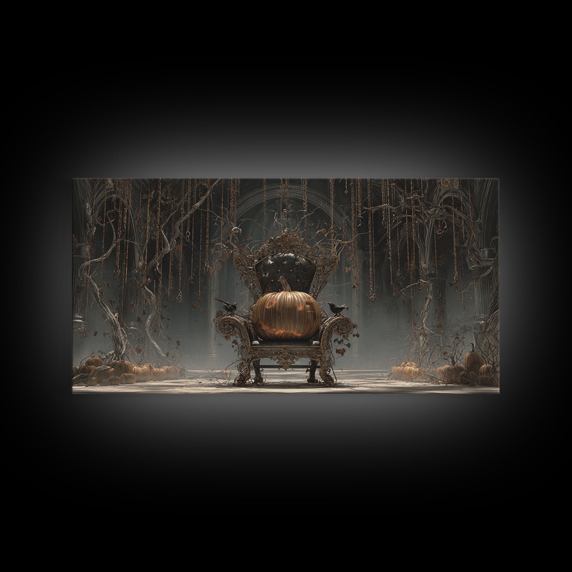 The Jack-O'-Lantern Throne, Wide Panoramic Art, Macabre Wall Art, Framed Canvas Print, Halloween Wall Decor, Gothic Home Decor