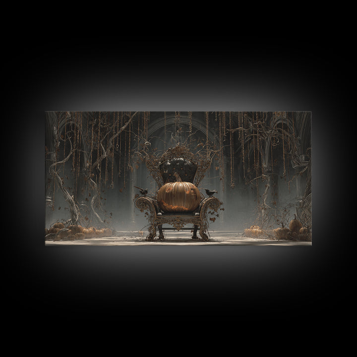 The Jack-O'-Lantern Throne, Wide Panoramic Art, Macabre Wall Art, Framed Canvas Print, Halloween Wall Decor, Gothic Home Decor