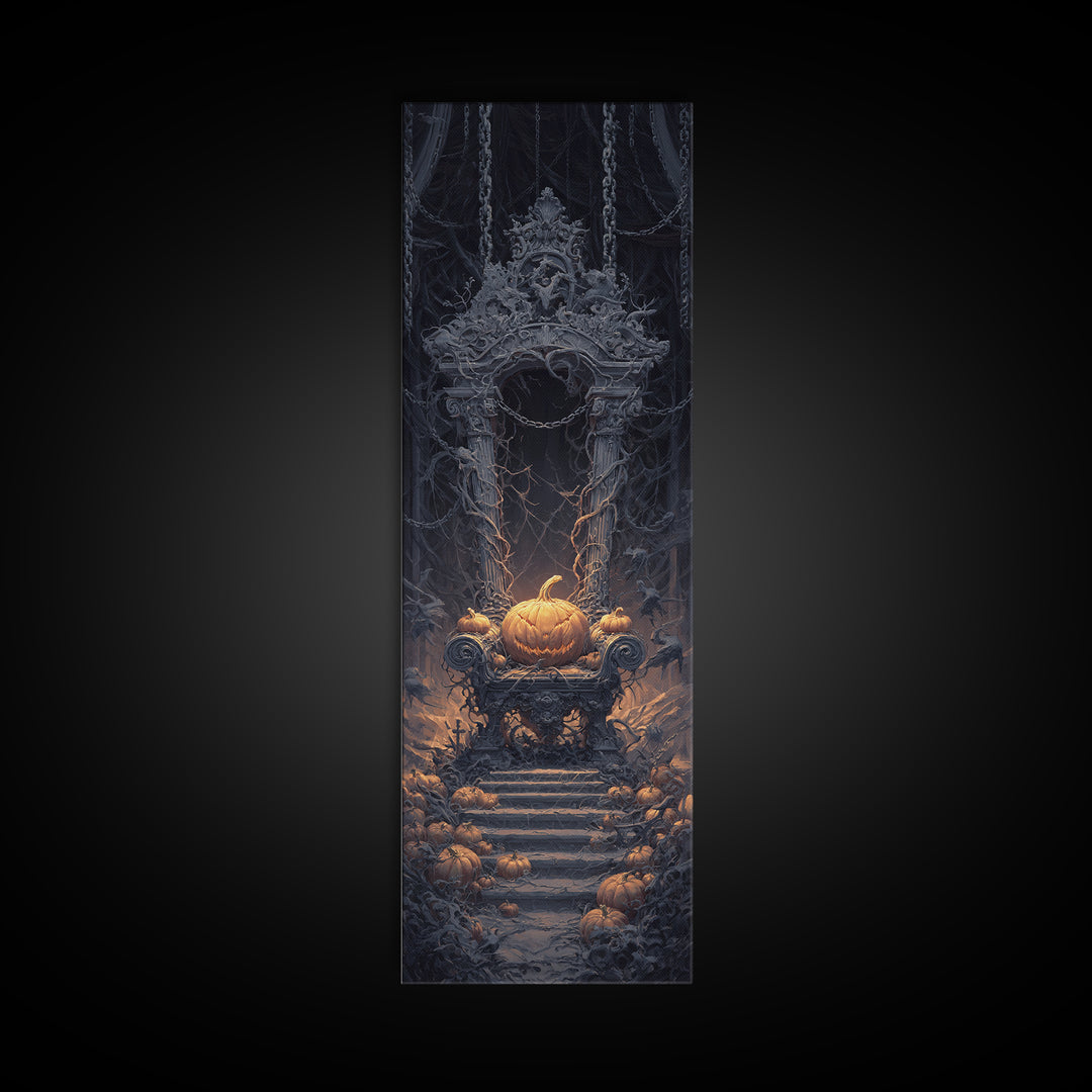 The Jack-O'-Lantern Throne, Tall Narrow Wall Art, Spooky Home Decor, Canvas Print, Halloween Wall Decor, Gothic Home Decor