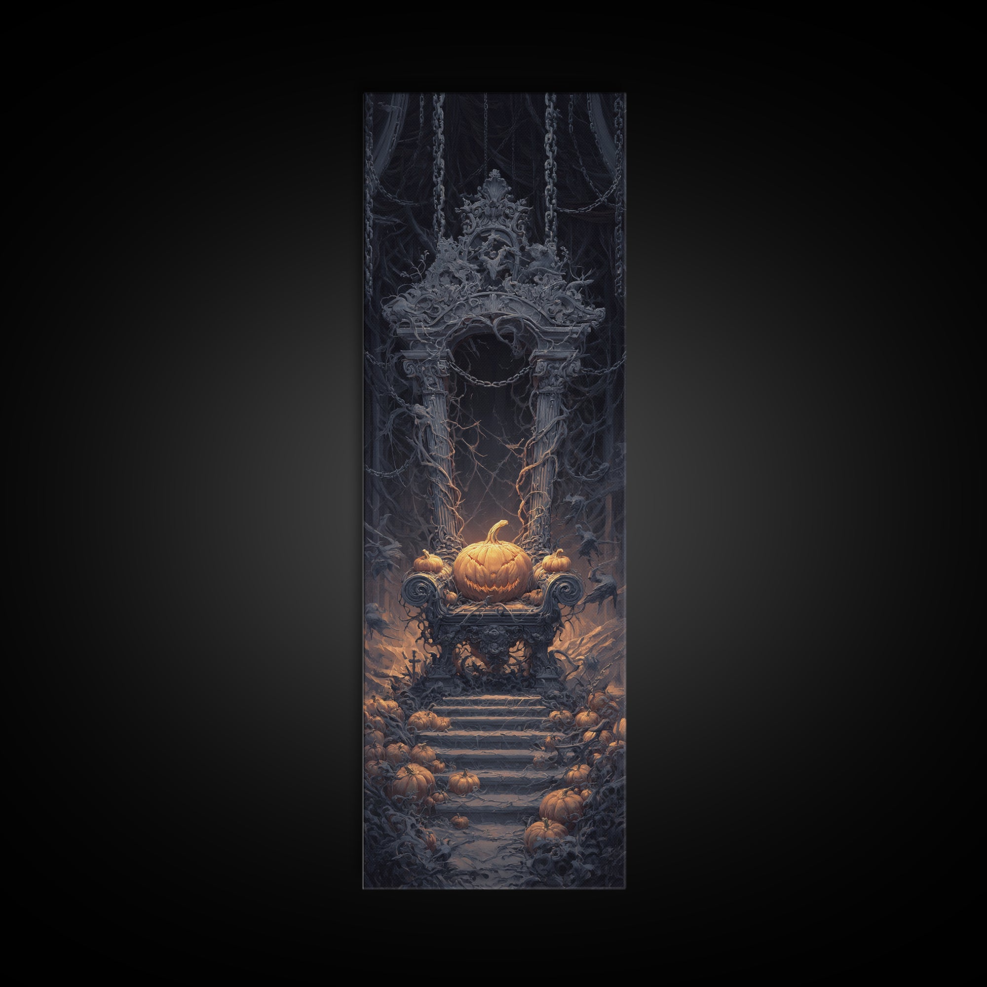 The Jack-O'-Lantern Throne, Tall Narrow Wall Art, Spooky Home Decor, Canvas Print, Halloween Wall Decor, Gothic Home Decor