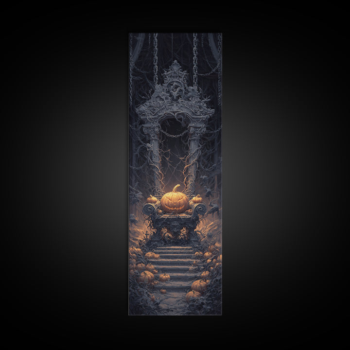 The Jack-O'-Lantern Throne, Tall Narrow Wall Art, Spooky Home Decor, Canvas Print, Halloween Wall Decor, Gothic Home Decor