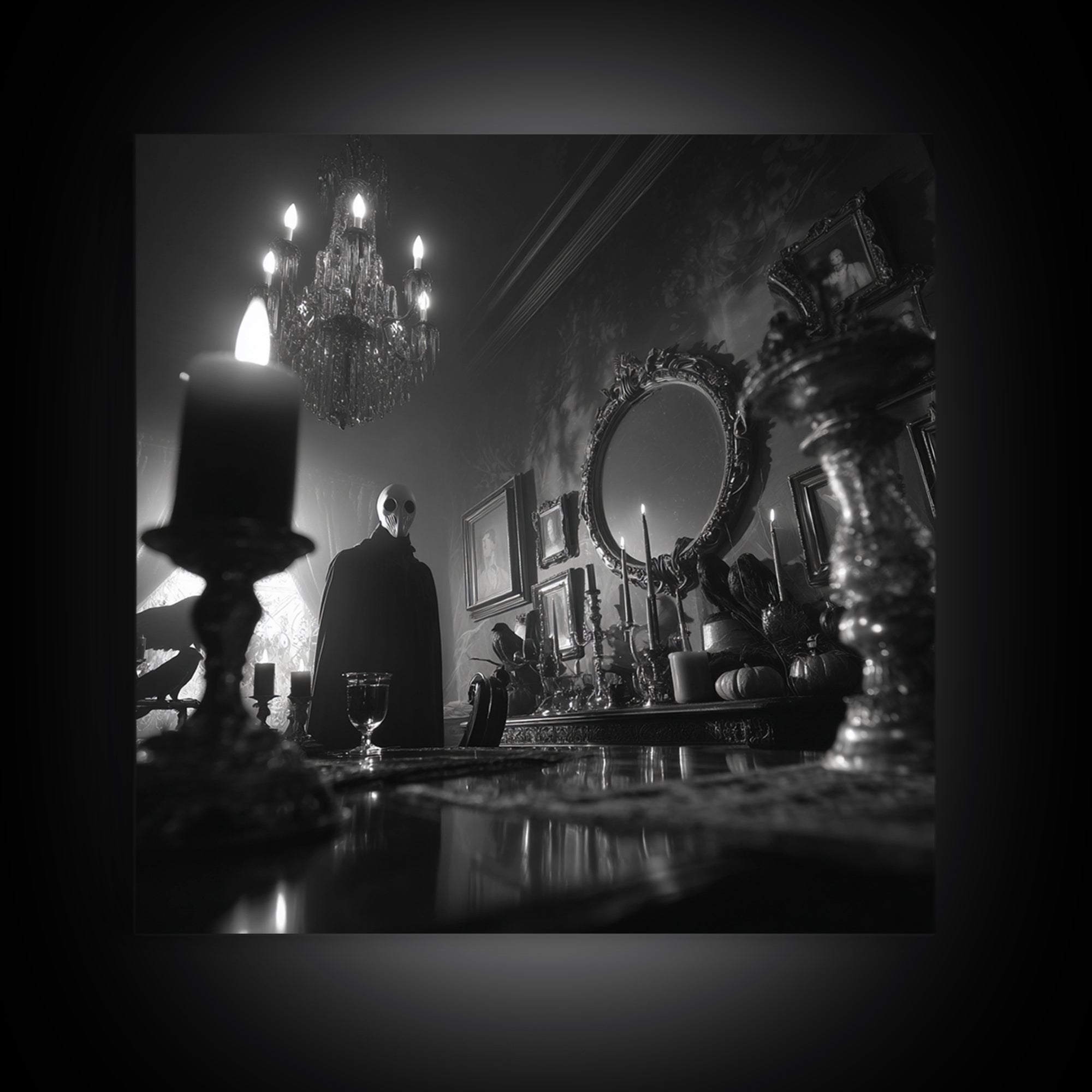 Monochrome Gothic Halloween, Square Wall Art, Macabre Wall Art, Framed Canvas Print, Halloween Wall Decor, Gothic Home Decor