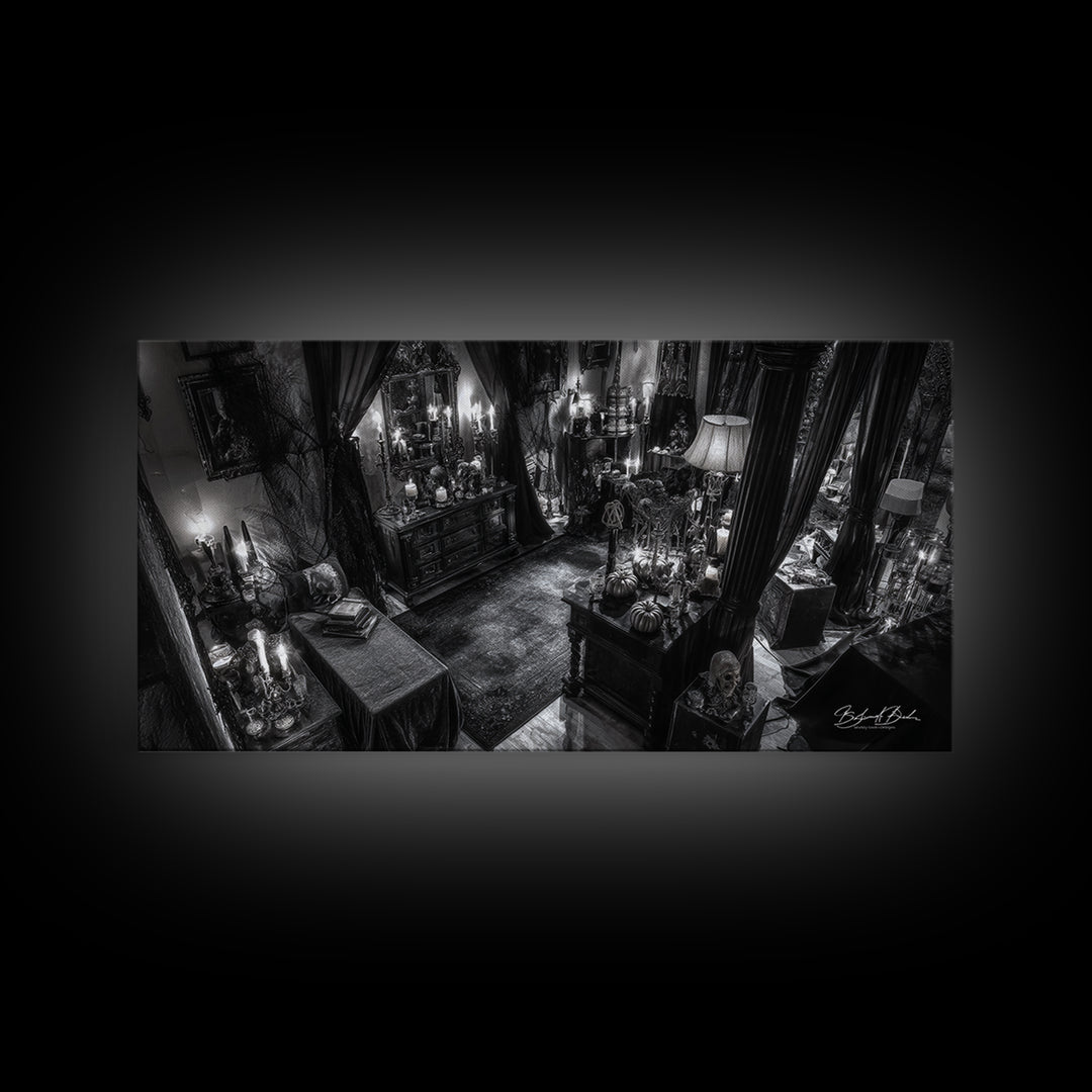Monochrome Gothic Halloween, Wide Panoramic Art, Macabre Wall Art, Framed Canvas Print, Halloween Wall Decor, Gothic Home Decor