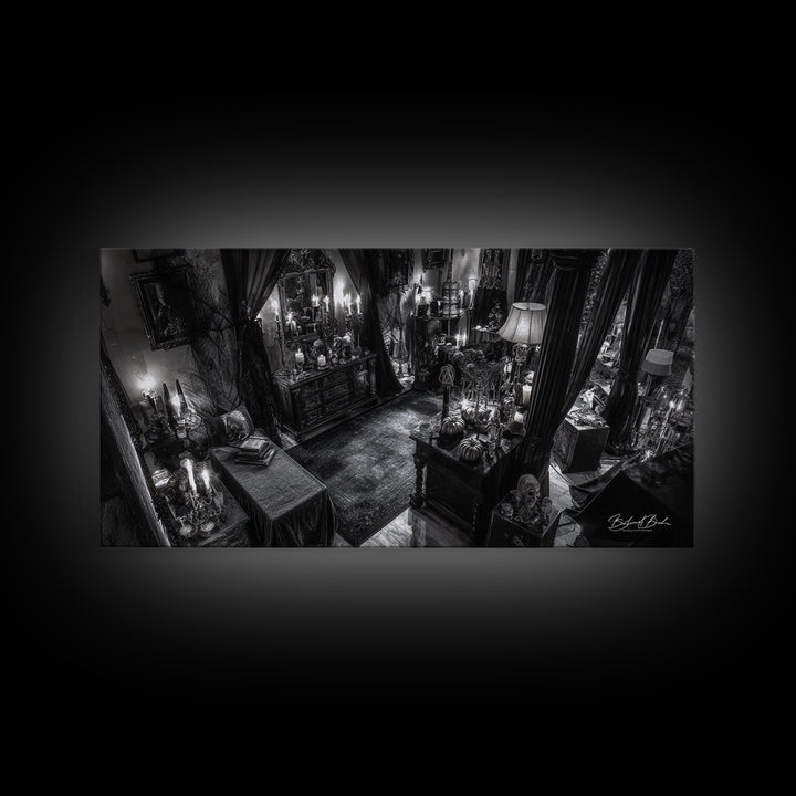 Monochrome Gothic Halloween, Wide Panoramic Art, Macabre Wall Art, Framed Canvas Print, Halloween Wall Decor, Gothic Home Decor