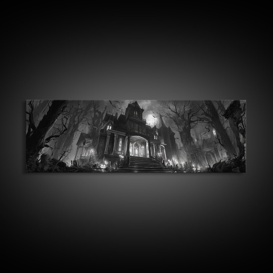 Monochrome Gothic Halloween, Extra Wide Wall Art, Spooky Home Decor, Canvas Print, Halloween Wall Decor, Gothic Home Decor, Dark Fantasy Art