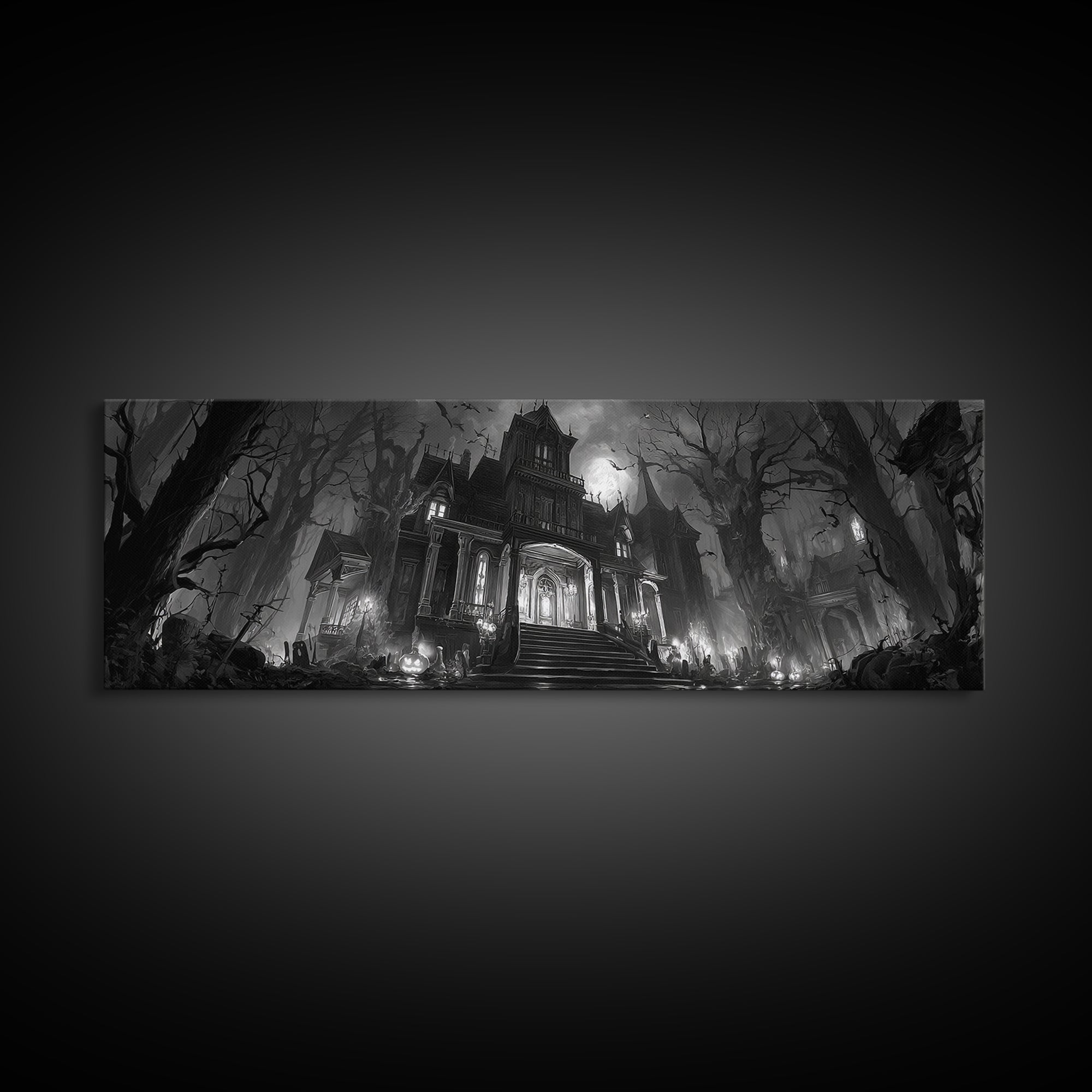 Monochrome Gothic Halloween, Extra Wide Wall Art, Spooky Home Decor, Canvas Print, Halloween Wall Decor, Gothic Home Decor, Dark Fantasy Art