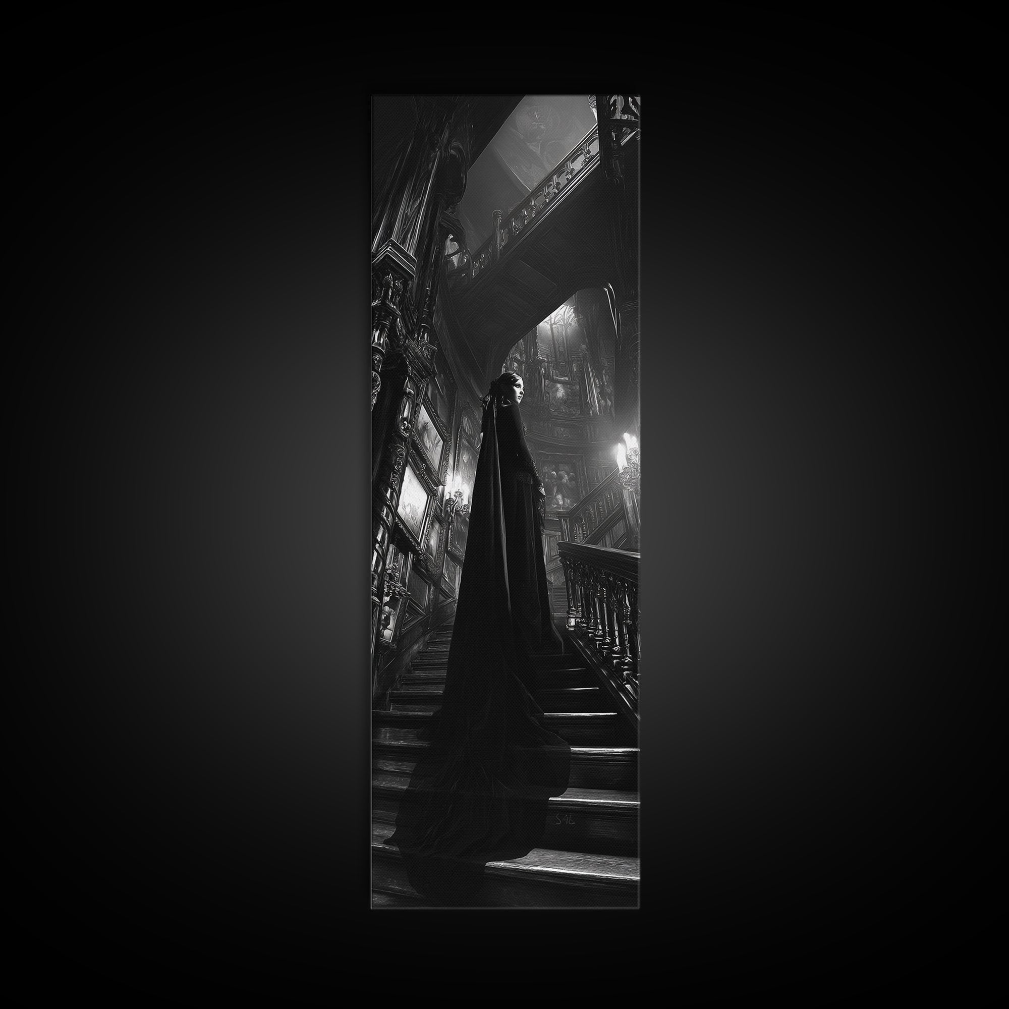 Monochrome Gothic Halloween, Tall Narrow Wall Art, Haunted Gothic Art, Framed Canvas Print, Halloween Wall Decor, Gothic Home Decor