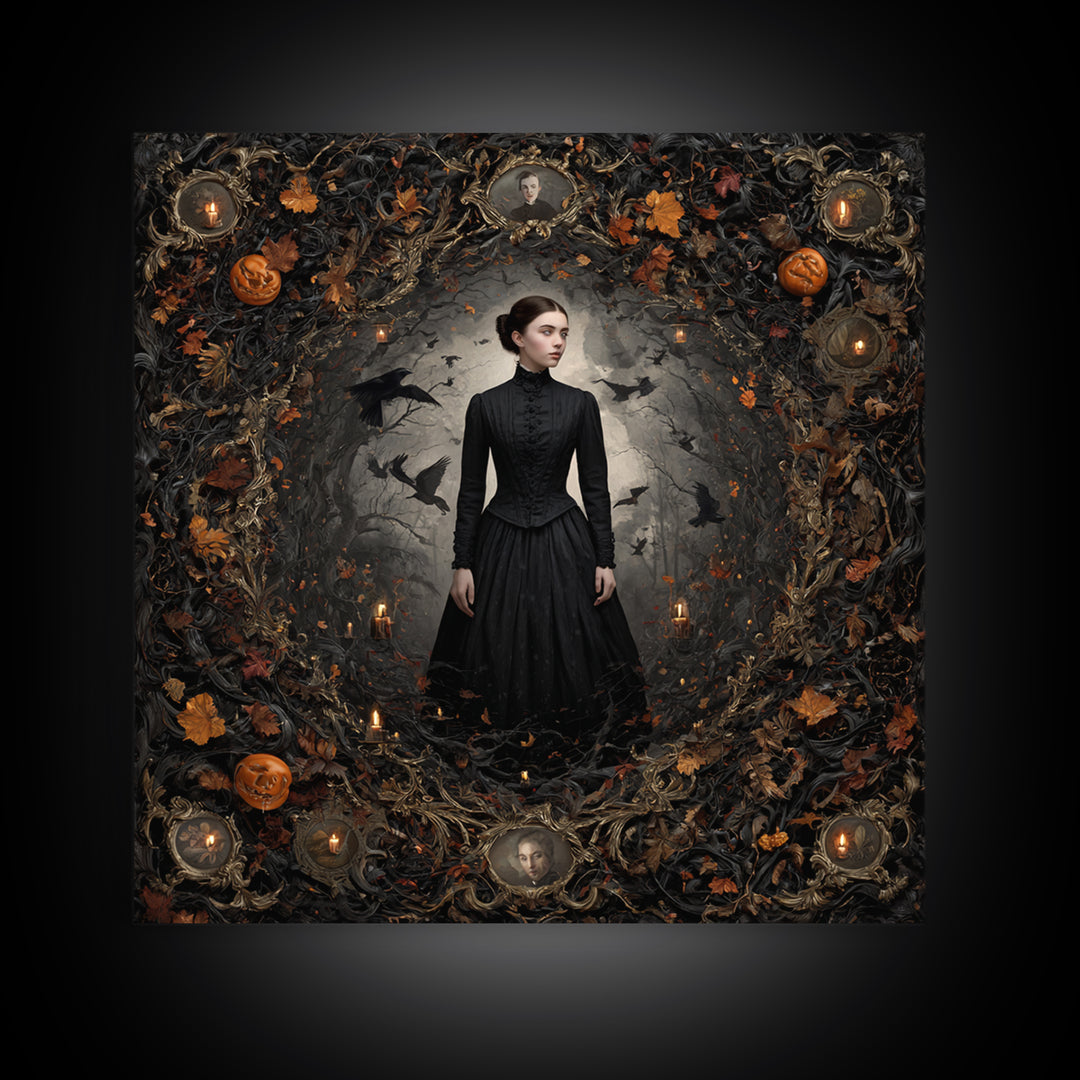 Victorian Mourning Halloween, Square Wall Art, Haunted Gothic Art, Framed Canvas Print, Halloween Wall Decor, Gothic Home Decor