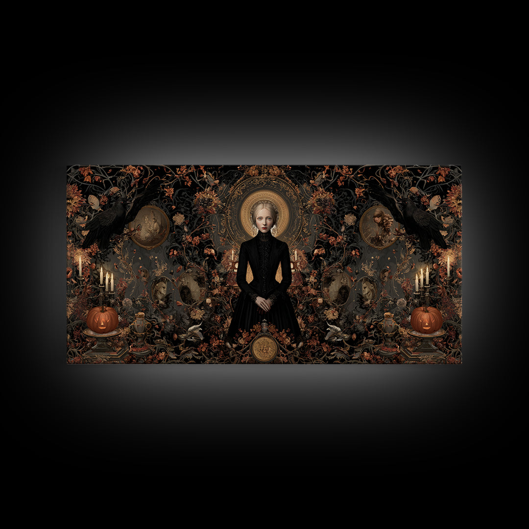 Victorian Mourning Halloween, Wide Panoramic Art, Haunted Gothic Art, Framed Canvas Print, Halloween Wall Decor, Gothic Home Decor