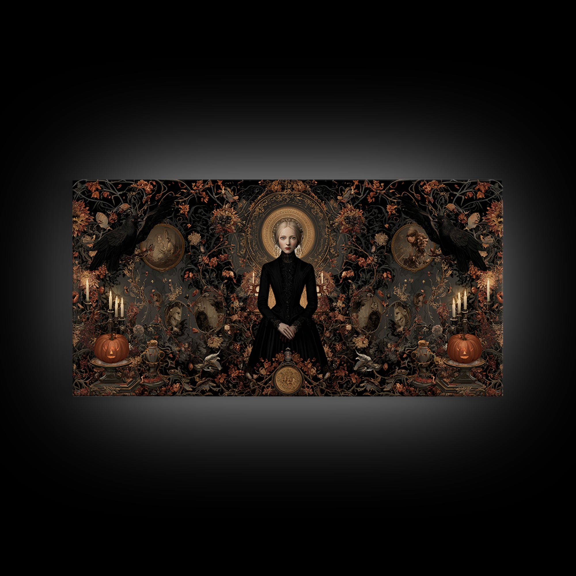 Victorian Mourning Halloween, Wide Panoramic Art, Haunted Gothic Art, Framed Canvas Print, Halloween Wall Decor, Gothic Home Decor