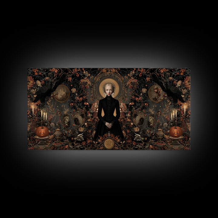 Victorian Mourning Halloween, Wide Panoramic Art, Haunted Gothic Art, Framed Canvas Print, Halloween Wall Decor, Gothic Home Decor