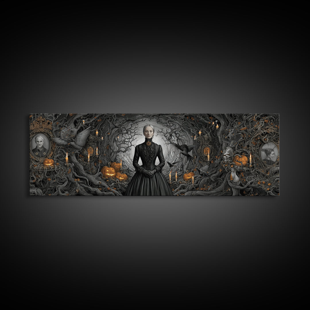 Victorian Mourning Halloween, Extra Wide Wall Art, Gothic Horror Wall Art, Framed Canvas Print, Halloween Wall Decor, Gothic Home Decor
