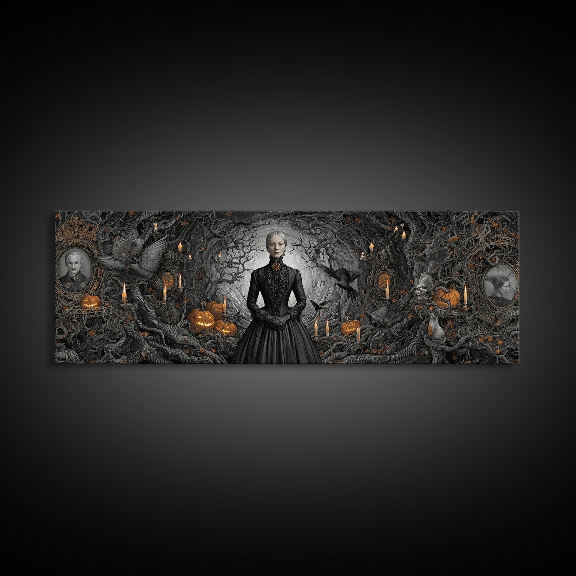 Victorian Mourning Halloween, Extra Wide Wall Art, Gothic Horror Wall Art, Framed Canvas Print, Halloween Wall Decor, Gothic Home Decor